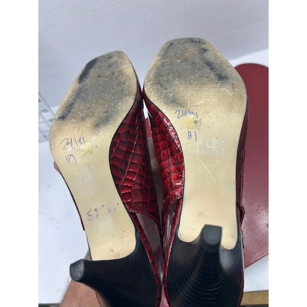 Alex Marie Croc Embossed Slingback Heels 9M Red Peep Kitten Heel Office Siren